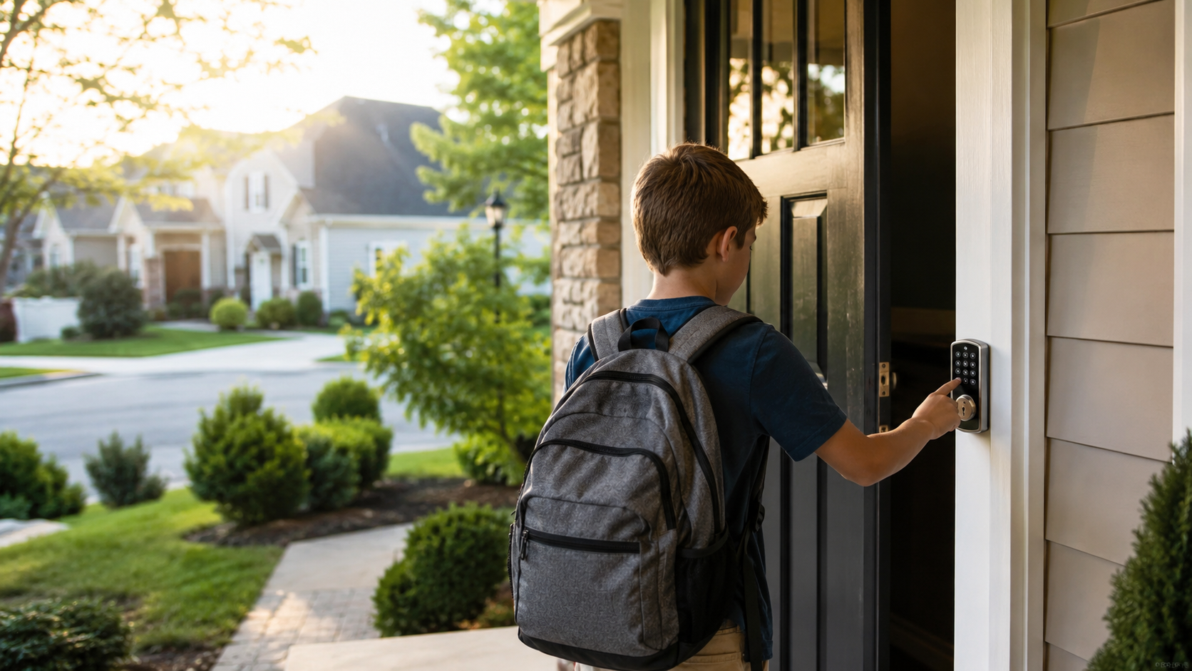Child Using Smart Lock at Suburban Home